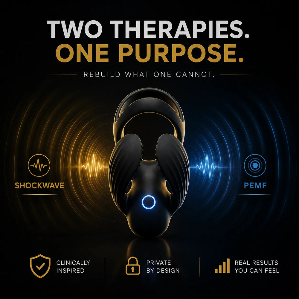 Black U-shaped massager with blue indicator light, front view with two padded ends